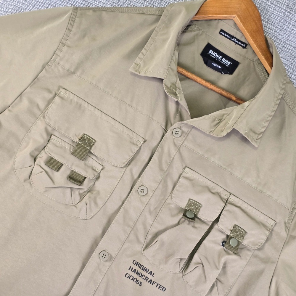 Smoke Rise Mens Medium Cargo Utility Shirt Light Olive Short Sleeve Button Up